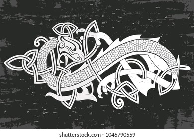 Celtic two-headed dragon with national ornament intertwined ribbon on a gray background with the aging effect.