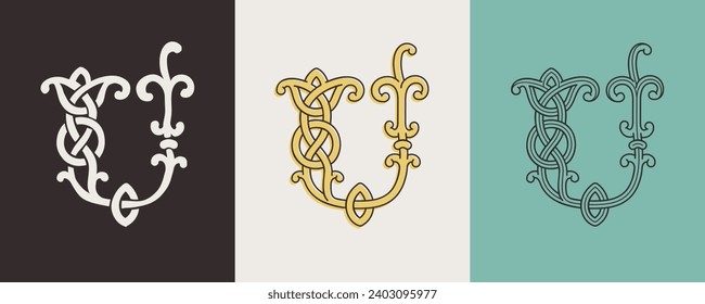 Celtic U monograms set. Insular style initial with authentic knots and interwoven cords. British, Irish, or Saxons overlapping monogram. Medieval font for tattoo, St. Patrick day logo, and sportswear.