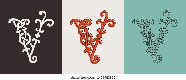 Celtic V monograms set. Insular style initial with authentic knots and interwoven cords. British, Irish, or Saxons overlapping monogram. Medieval font for tattoo, St. Patrick day logo, and sportswear.