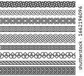 Celtic vector semaless border pattern collection, Irish braided frame designs for greeting cards, St Patrick's Day celebration. Retro Celtic collection of braided ornaments in black and white