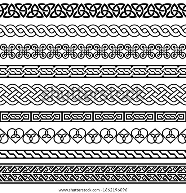 Celtic vector semaless border pattern collection,\
Irish braided frame designs for greeting cards, St Patrick\'s Day\
celebration. Retro Celtic collection of braided ornaments in black\
and white