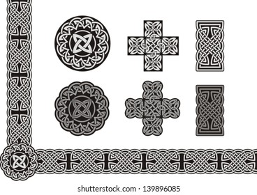 Celtic vector tied knot art. Set of celtic patterns and celtic ornament corners in black. Set of vintage irish celtic crosses logo. 