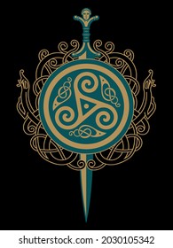 Celtic, Viking design. Ancient Celtic sword and Celtic Scandinavian ornaments, vector illustration