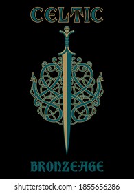 Diseño celta, viking. Espada celta y ornamentos escandinavos celtas, ilustración vectorial