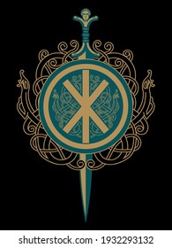 Celtic, Viking design. Celtic sword and Celtic Scandinavian ornaments