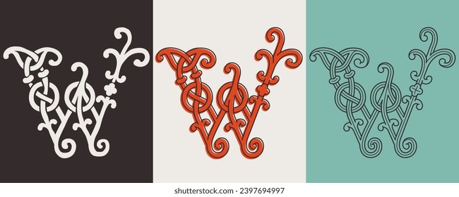 Celtic W monograms set. Insular style initial with authentic knots and interwoven cords. British, Irish, or Saxons overlapping monogram. Medieval font for tattoo, St. Patrick day logo, and sportswear.