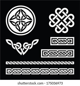 Celtic white knots, braids and patterns on black background