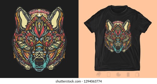 Celtic wolf. Print for t-shirts and another, trendy apparel design. Northern animals, symbol of force, wild nature, outdoors 