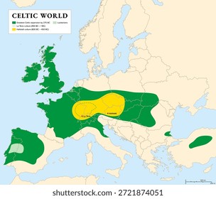 Mundo celta, mapa da história dos celtas, uma coleção de povos indo-europeus na Europa e na Anatólia. Mapa com o território central de Hallstatt, a cultura de La Tène, e maior expansão em 275 a.C.. Vetor