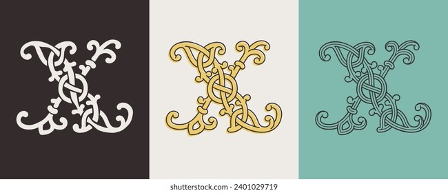 Celtic X monograms set. Insular style initial with authentic knots and interwoven cords. British, Irish, or Saxons overlapping monogram. Medieval font for tattoo, St. Patrick day logo, and sportswear.