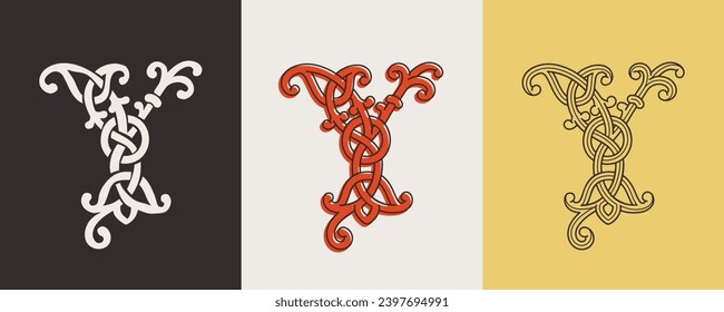 Celtic Y monograms set. Insular style initial with authentic knots and interwoven cords. British, Irish, or Saxons overlapping monogram. Medieval font for tattoo, St. Patrick day logo, and sportswear.