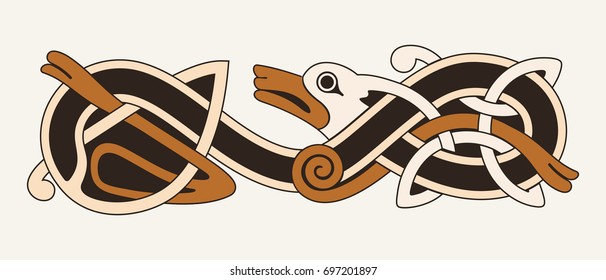 Celtic zoomorphic national figure. Vector ornament with bird on a beige background.