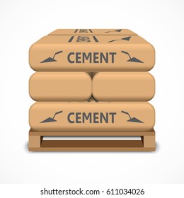 Cement bags on a wooden pallet. Paper sacks isolated on white background. Vector illustration.