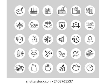 Cement and concrete icons set. The outline icons are well scalable and editable. Contrasting elements are good for different backgrounds. Ideal for use in design, packaging, etc. EPS10.