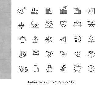 Cement and concrete icons set. The outline icons are well scalable and editable. Contrasting elements are good for different backgrounds. Ideal for use in design, packaging, etc. EPS10.