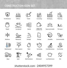 Cement and concrete icons set. The outline icons are well scalable and editable. Contrasting elements are good for different backgrounds. Ideal for use in design, packaging, etc. EPS10.