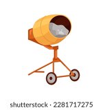 Cement, concrete mixer, drum for mixing, blending building material. Construction industrial portable equipment on wheels. Flat vector illustration isolated on white background