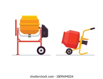 Cement concrete , self-powered stucco and mortar mixer with electric motor. Stationary and portable on wheels. Vector illustration.