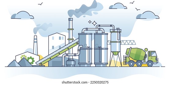 Cement factory for concrete material supply   production outline concept  Manufacturing building element and storage cistern tank  mixer vehicle   large produce plant pipeline vector illustration