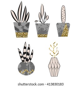 Cement flower pots with plants and gold glitter graphic decor. Home plants in concrete pots.