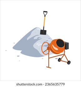 Cement or gravel pile with a shovel and a concrete mixer. Construction icon. Vector cartoon illustration isolated on a white background.