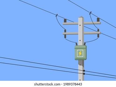 Cubierta y transformador eléctrico de alta tensión de cemento con espacio plano de copia de fondo azul.