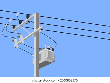 Cement high voltage electric pole with transformer and drop fuse on blue background flat vector design.