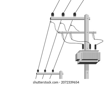 Cemento de alta tensión de la potencia del polo eléctrico con transformador y fundición de la fundición sobre el diseño del vector plano de fondo blanco.