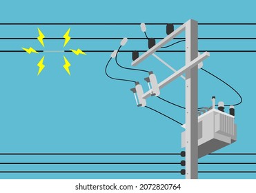 Cement high voltage electric pole and transformer damaged and short circuit with spark on blue background copy space flat vector.