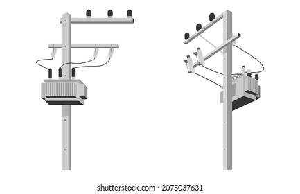 Cement High Voltage Electric Pole Power With Transformer And Drop Fuse On White Background Flat Vector Design.