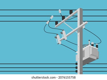 Cement High Voltage Electric Pole Power With Transformer And Drop Fuse On Blue Background Flat Vector Design.