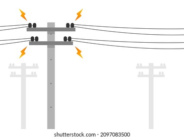 Cement High Voltage Electric Pole Power On White Background Flat Vector Design.