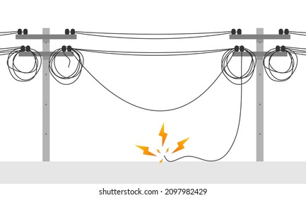 Cement high voltage electric pole power with electrical wires and telephone internet cable messy tangled and damaged short circuit with spark icon flat vector design.
