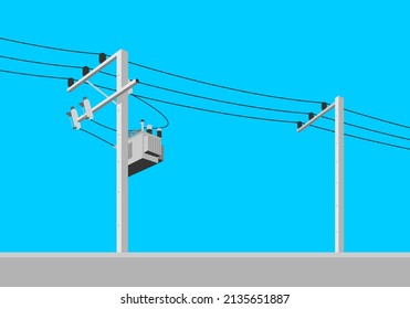 Cement High Voltage Electric Pole Power With Transformer And Drop Fuse On Blue Sky Background Flat Vector Design.