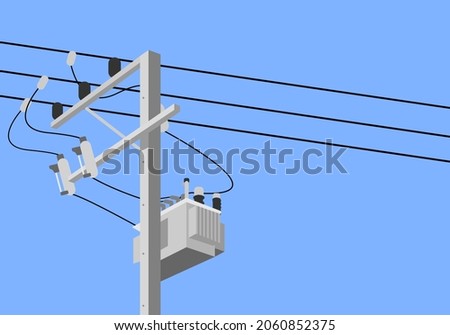 Cement high voltage electric pole with transformer and drop fuse on blue background flat vector design.