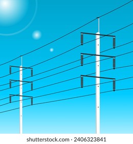 Poste eléctrico de alta tensión de cemento transmiten electricidad con diseño vectorial plano cielo azul