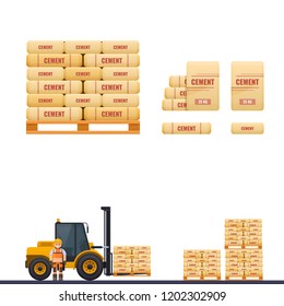 Cement icon, vector illustration of cement sacks on a pallet, builder and loader