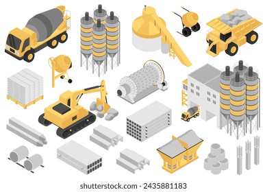 Cement manufacturing isometric elements constructor mega set. Creator kit with flat graphic concrete mixers, machinery, slabs, blocks pile, factory buildings. Vector illustration in 3d isometry design