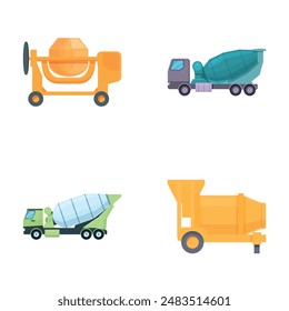 Cement mixer icons set cartoon vector. Concrete mixer truck. Construction machinery