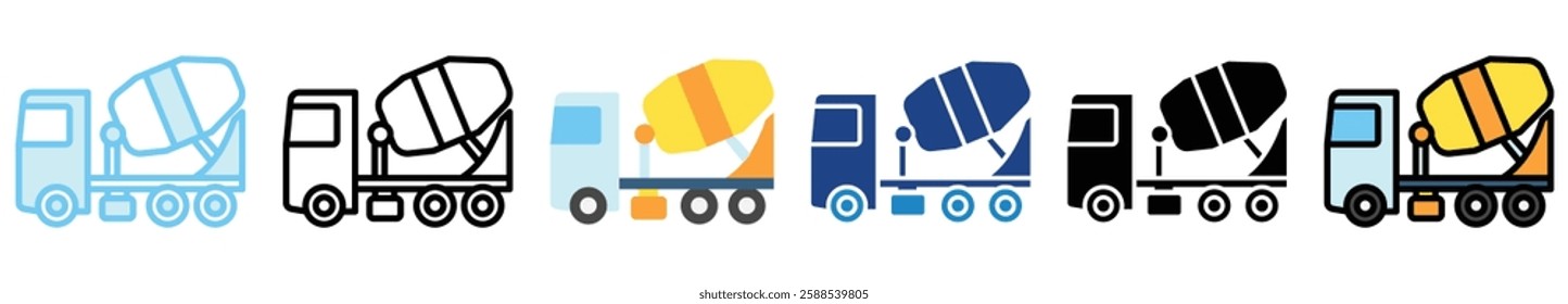 Cement Mixer multi style, mini illustration icon. outline, flat, glyph, line color, UI, UX, app and web, digital or print. related to heavy machinery, industry, road construction theme