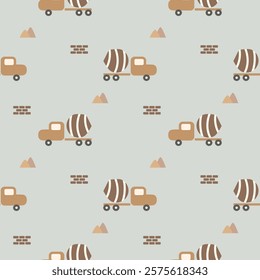 Cement mixer truck brown cartoon so cute. On pile of sand wall background. Pattern seamless vector illustration. 