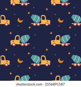 cement mixer truck cartoon so cute. On star moon blue background. Pattern seamless vector illustration. 