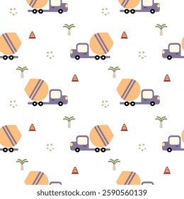 Cement mixer truck cartoon so cute. On tree traffic cone white background. Pattern seamless vector illustration. 