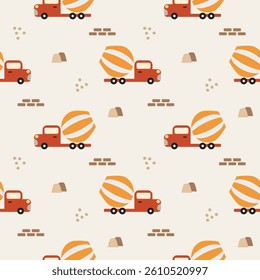 Cement mixer truck cartoon so cute. On pile of sand wall background. Pattern seamless vector illustration. 