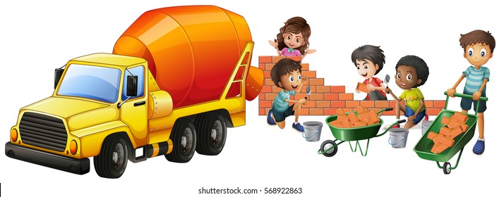 Cement mixer truck and kids laying bricks illustration