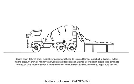 Cement mixer truck one continuous line design. Construction transport symbol vector. Decorative elements drawn on a white background. svg
