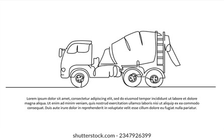 Cement mixer truck one continuous line design. Construction transport symbol vector. Decorative elements drawn on a white background.