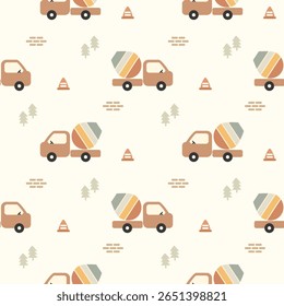Misturador de cimento caminhão arco-íris desenho animado tão bonito. No fundo da parede do cone de tráfego da árvore. Ilustração de vetor uniforme de padrão. 