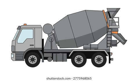 Cement mixer truck rendered as a clean vector graphic illustration showcases heavy industrial transport equipment used for construction projects to supply building sites with necessary materials while maintaining a simple stylized design suitable for professional engineering and architectural documentation purposes today.