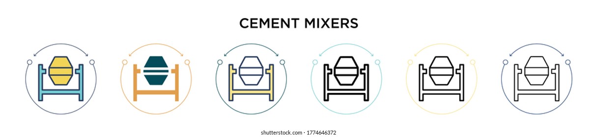 Cement mixers icon in filled, thin line, outline and stroke style. Vector illustration of two colored and black cement mixers vector icons designs can be used for mobile, ui, web